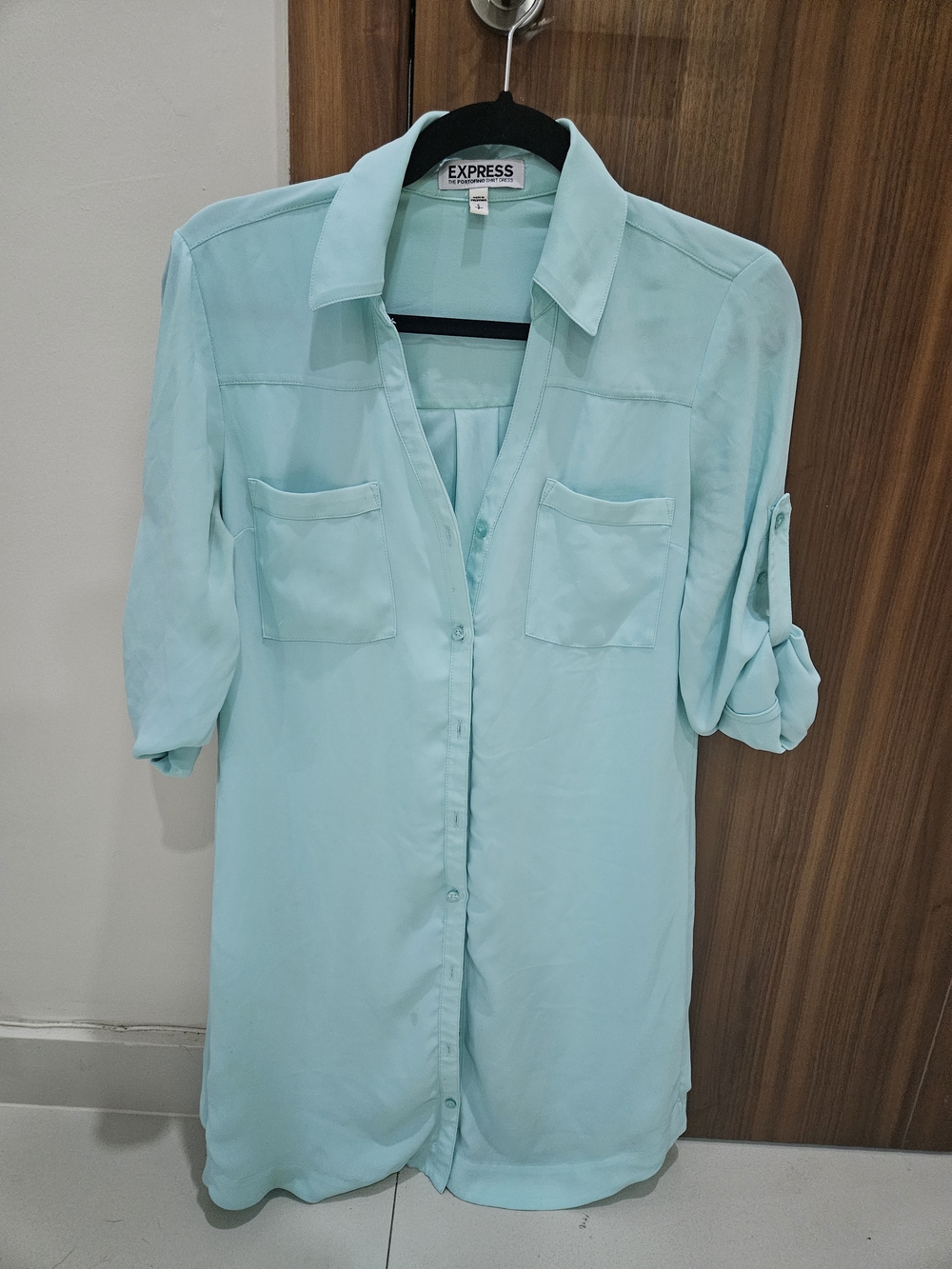 Express Aqua Button-Down Dress with Chest Pockets